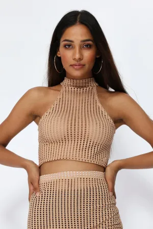 Sand Hole Cut High Neck Crop Top