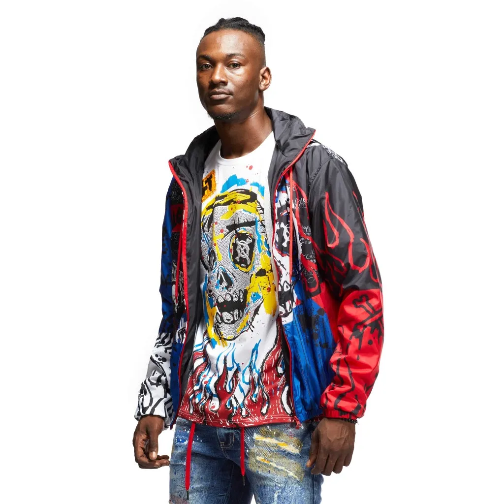 Skull & Flame Graphic Windbreaker Jacket - Red/Royal