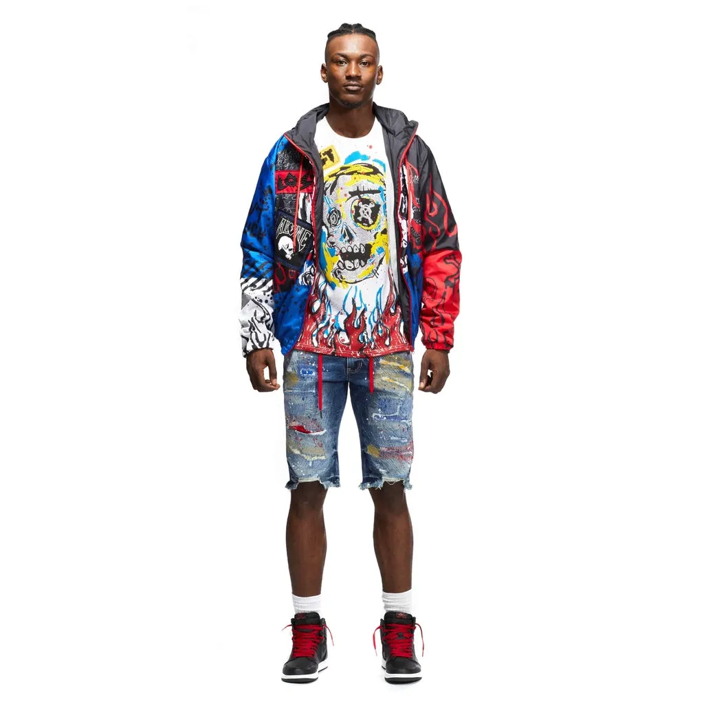 Skull & Flame Graphic Windbreaker Jacket - Red/Royal