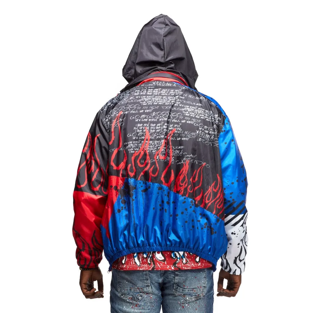 Skull & Flame Graphic Windbreaker Jacket - Red/Royal