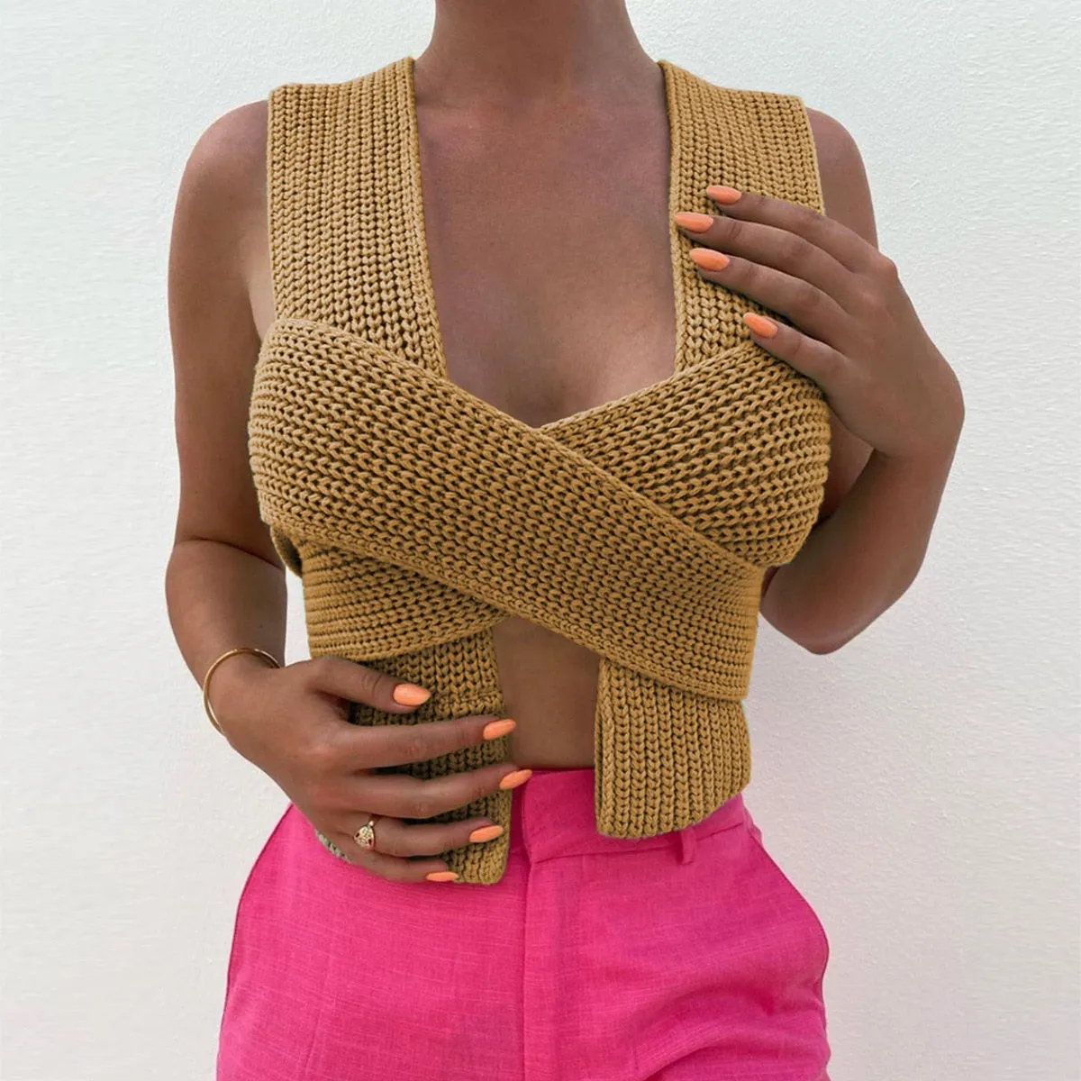 Sleeveless Knitted Crop Sweater Sexy Autumn Fashion Vest Jumper Top