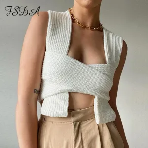 Sleeveless Knitted Crop Sweater Sexy Autumn Fashion Vest Jumper Top