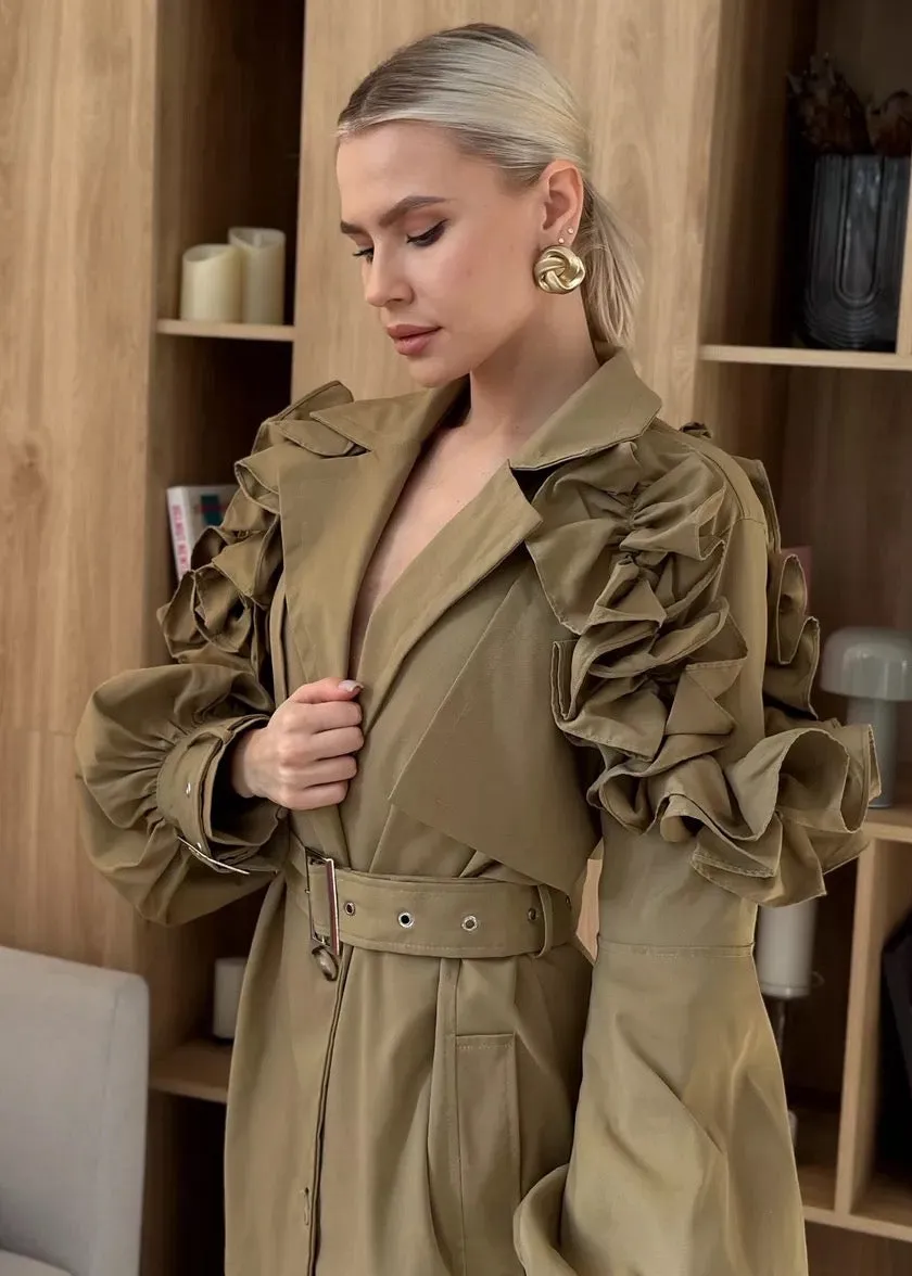 Sybil Ruffle Shoulder Trench Coat