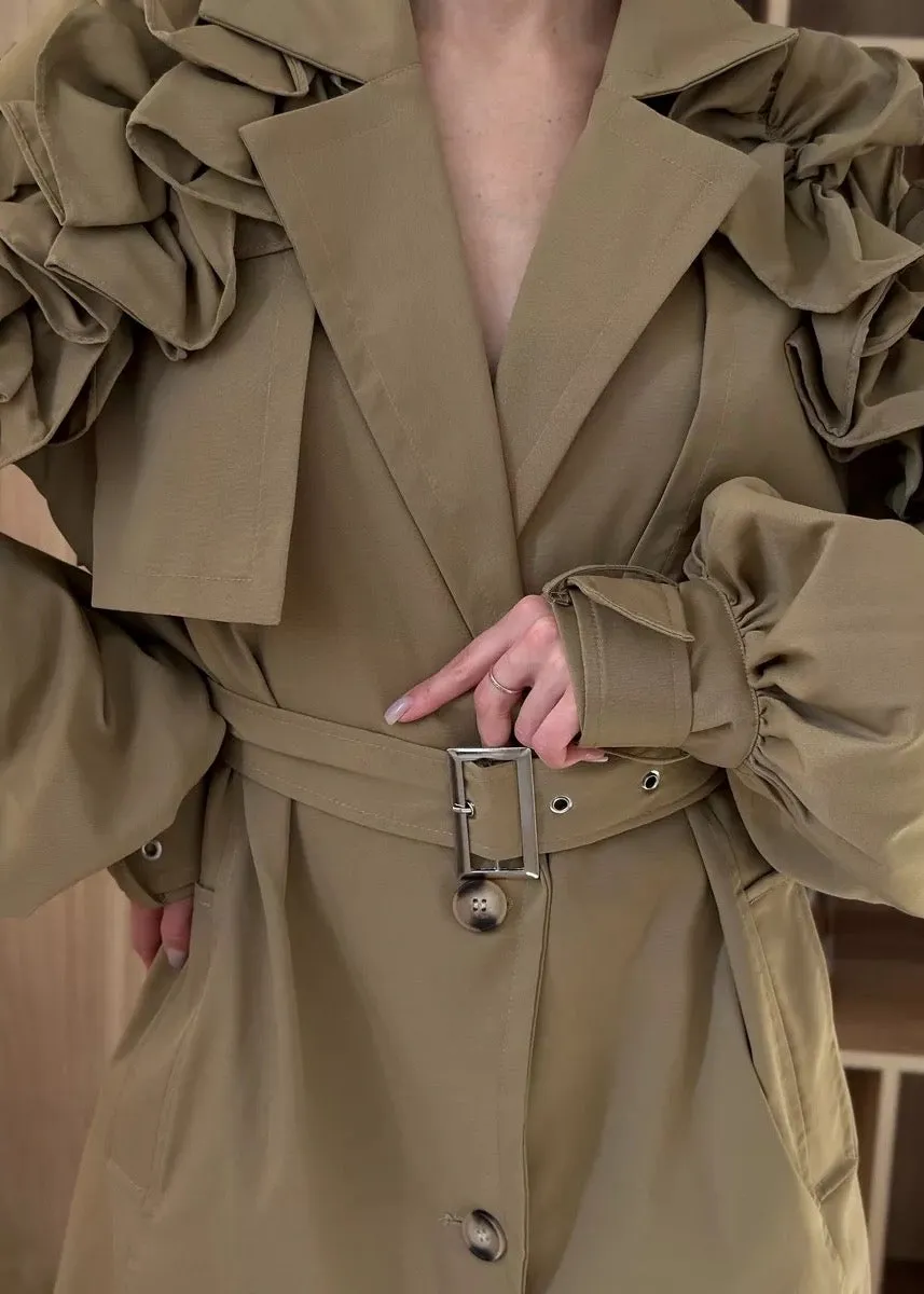 Sybil Ruffle Shoulder Trench Coat