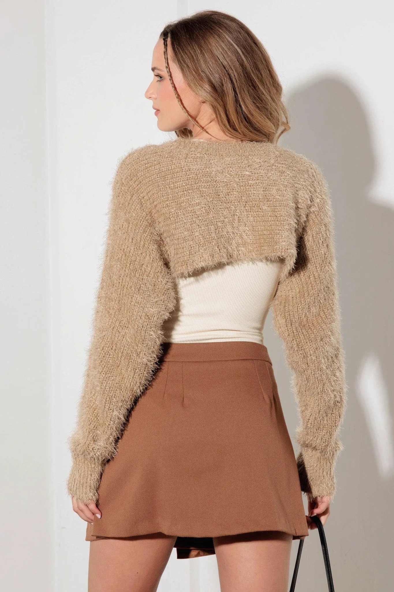 Ultra-Cropped Fit Long-Sleeve Fuzzy Bolero Sweater