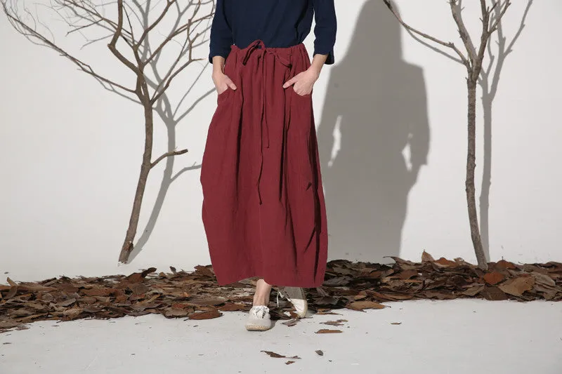 Wine red skirt casual linen skirt woman maxi skirt custom made (1162)