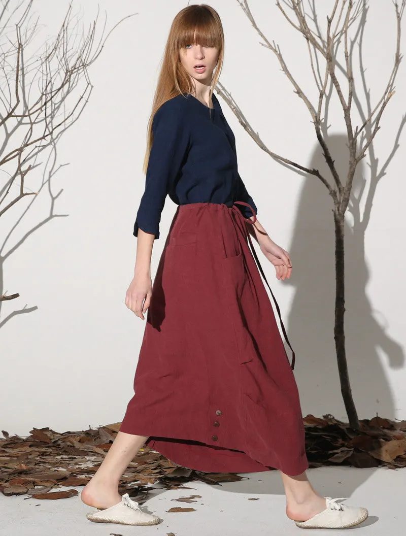 Wine red skirt casual linen skirt woman maxi skirt custom made (1162)