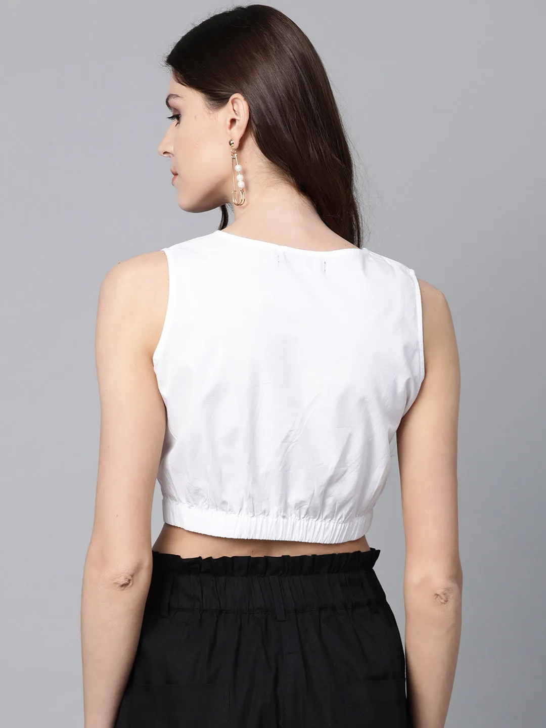 Women White Poplin Front Knot Crop Top