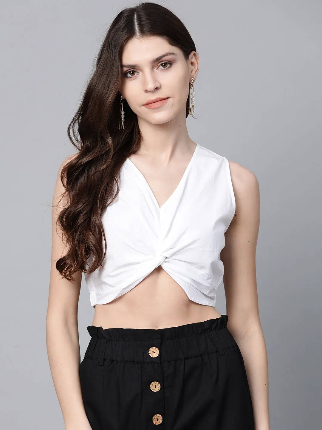 Women White Poplin Front Knot Crop Top