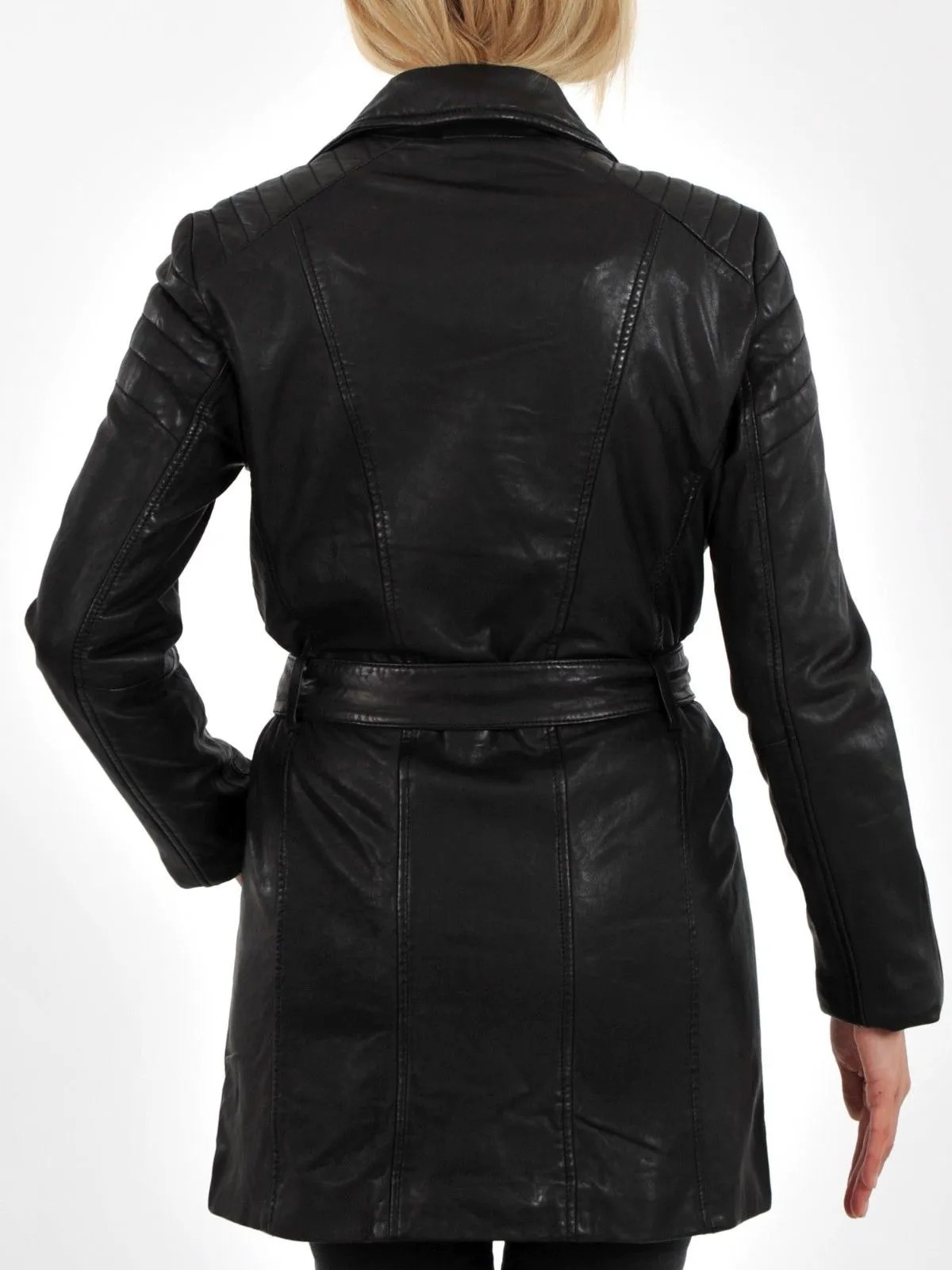 Women's Black Double Breasted Leather Long Coat TC22