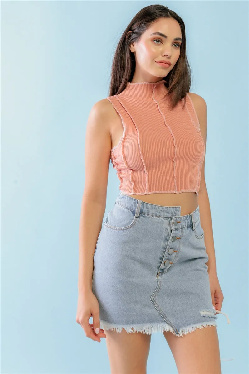 Women's Dark Peach Ribbed Inside-out Sleeveless Mock Neck Crop Top