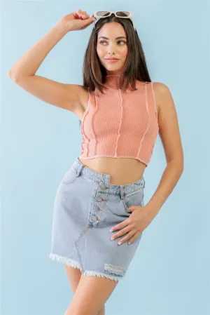 Women's Dark Peach Ribbed Inside-out Sleeveless Mock Neck Crop Top