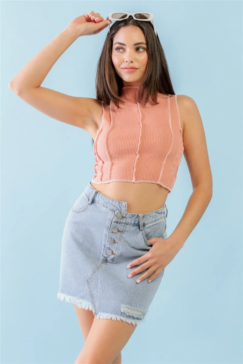 Women's Dark Peach Ribbed Inside-out Sleeveless Mock Neck Crop Top