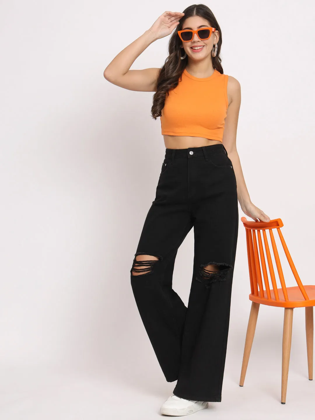 Women's Sleeveless Fitted Orange Crop Top