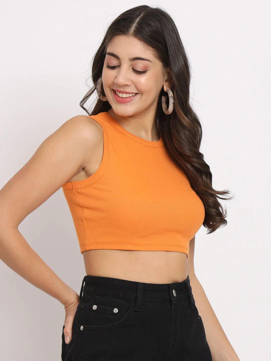 Women's Sleeveless Fitted Orange Crop Top