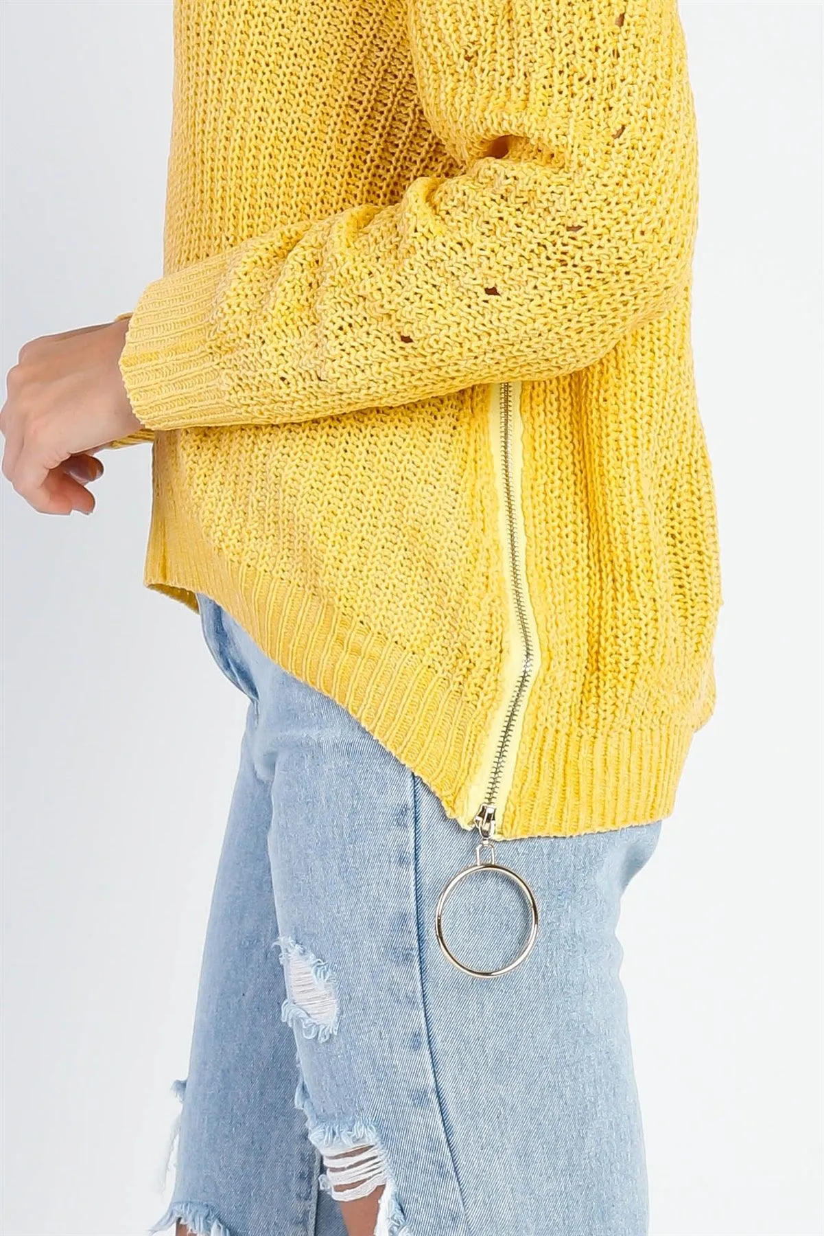 Yellow Knit Zip-Down Detail Long Sleeve Top