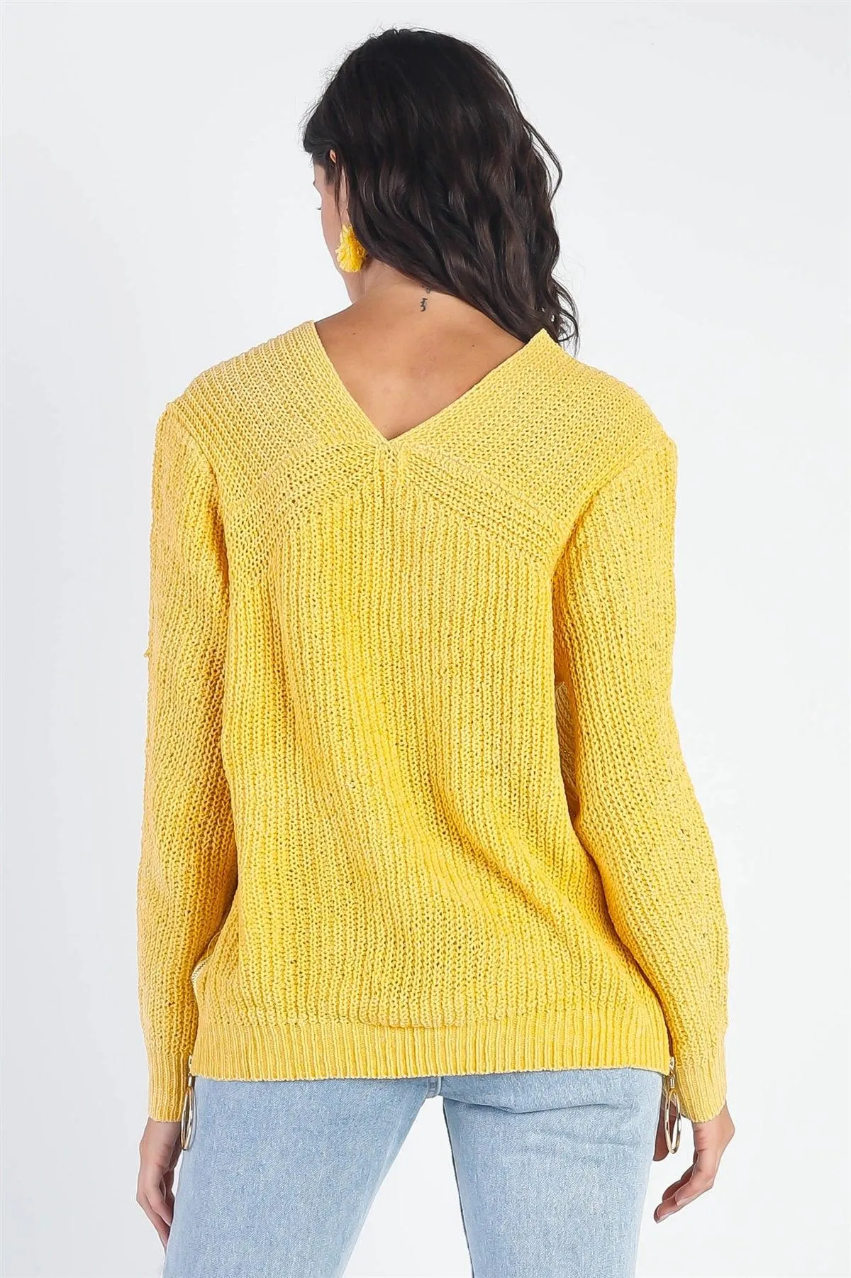 Yellow Knit Zip-Down Detail Long Sleeve Top